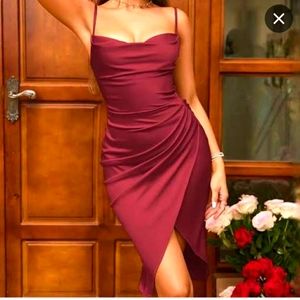Parthea shein red draped collar wrap hem satin cami dress